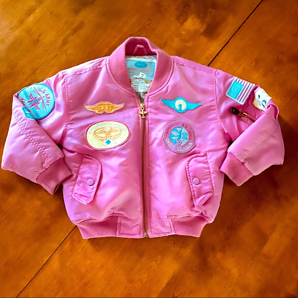 Kids Pink Bomber Jacket with Aviation Patches